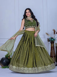 Olive Green Silk Blend Lehenga