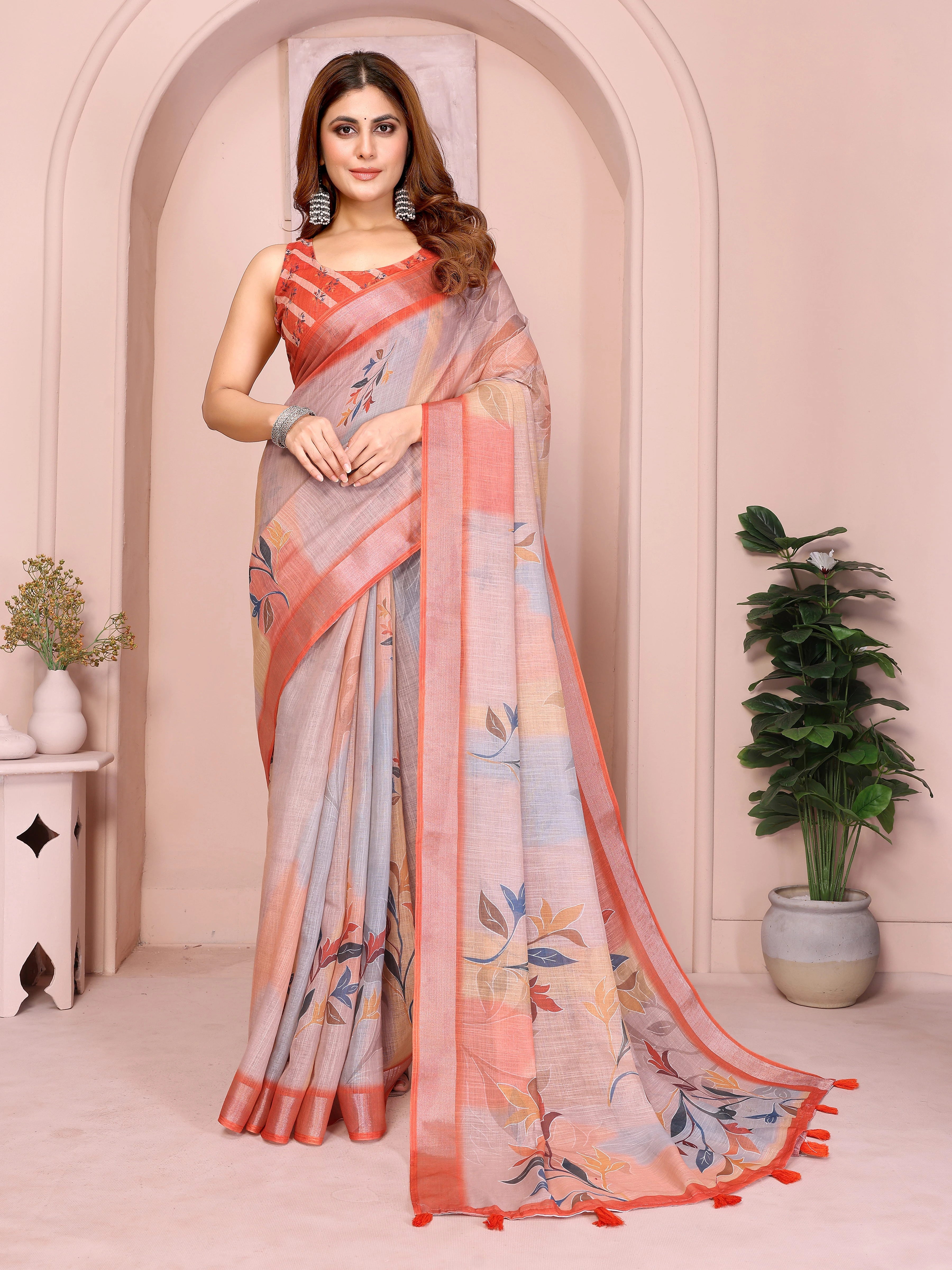 Orange Digital Floral Print Saree front view – linen cotton with multicolor leaf print and coral contrast border
