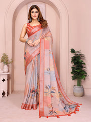 Orange Digital Floral Print Saree front view – linen cotton with multicolor leaf print and coral contrast border