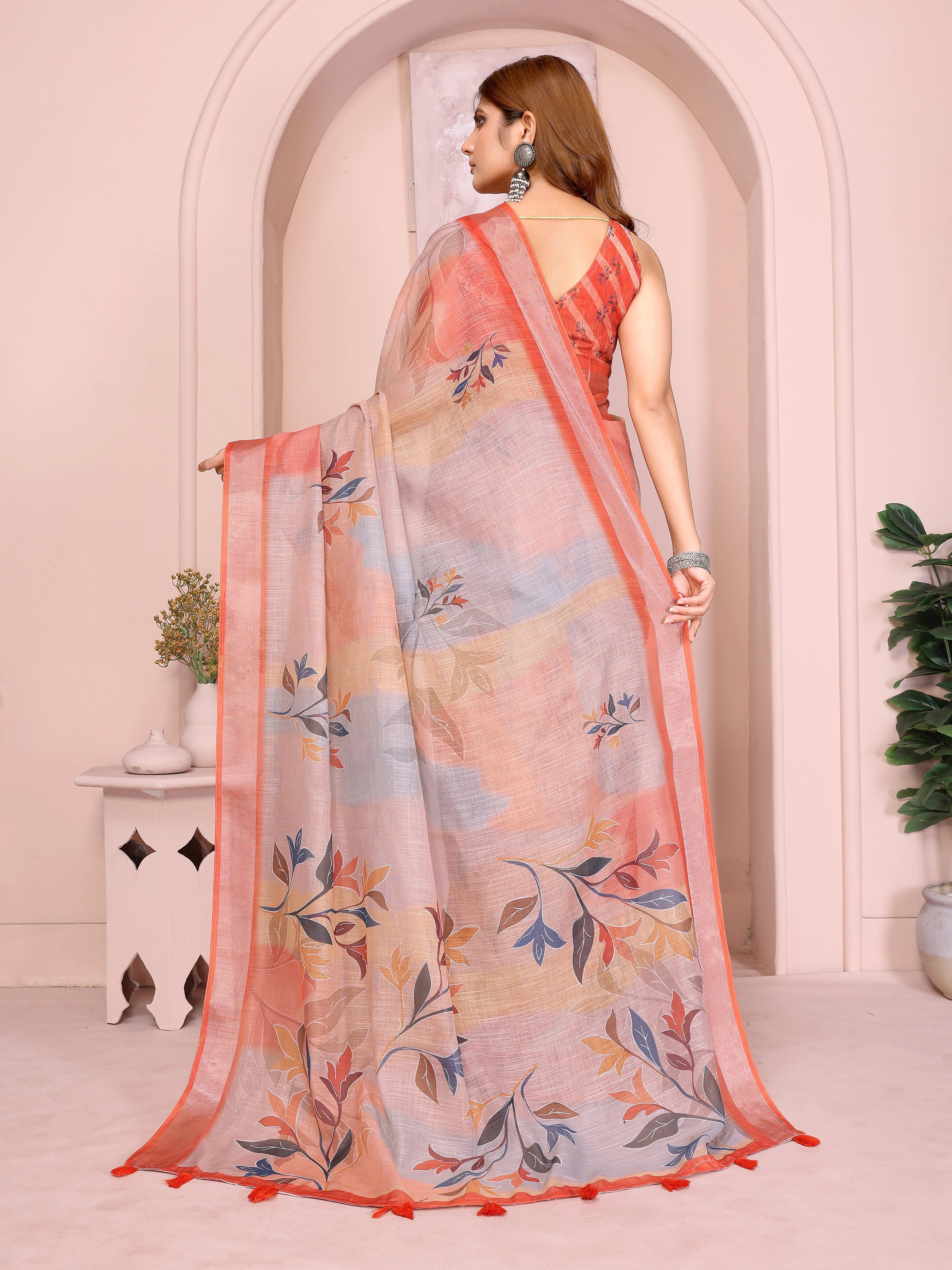 Orange Digital Floral Print Saree back view – printed pallu with coral contrast border spread full