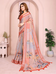 Orange Digital Floral Print Saree side drape – printed pallu with coral border and tassel detail