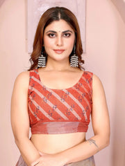 Orange Floral Print Saree running blouse close-up with stripe print