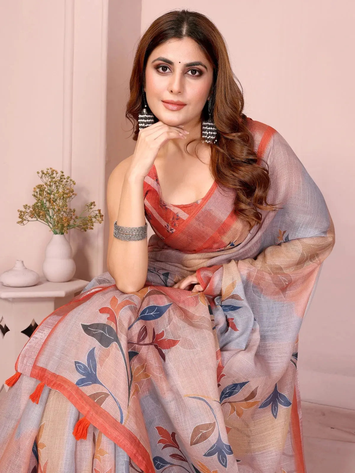 Orange Linen Cotton Saree – close-up drape with multicolour leaf print