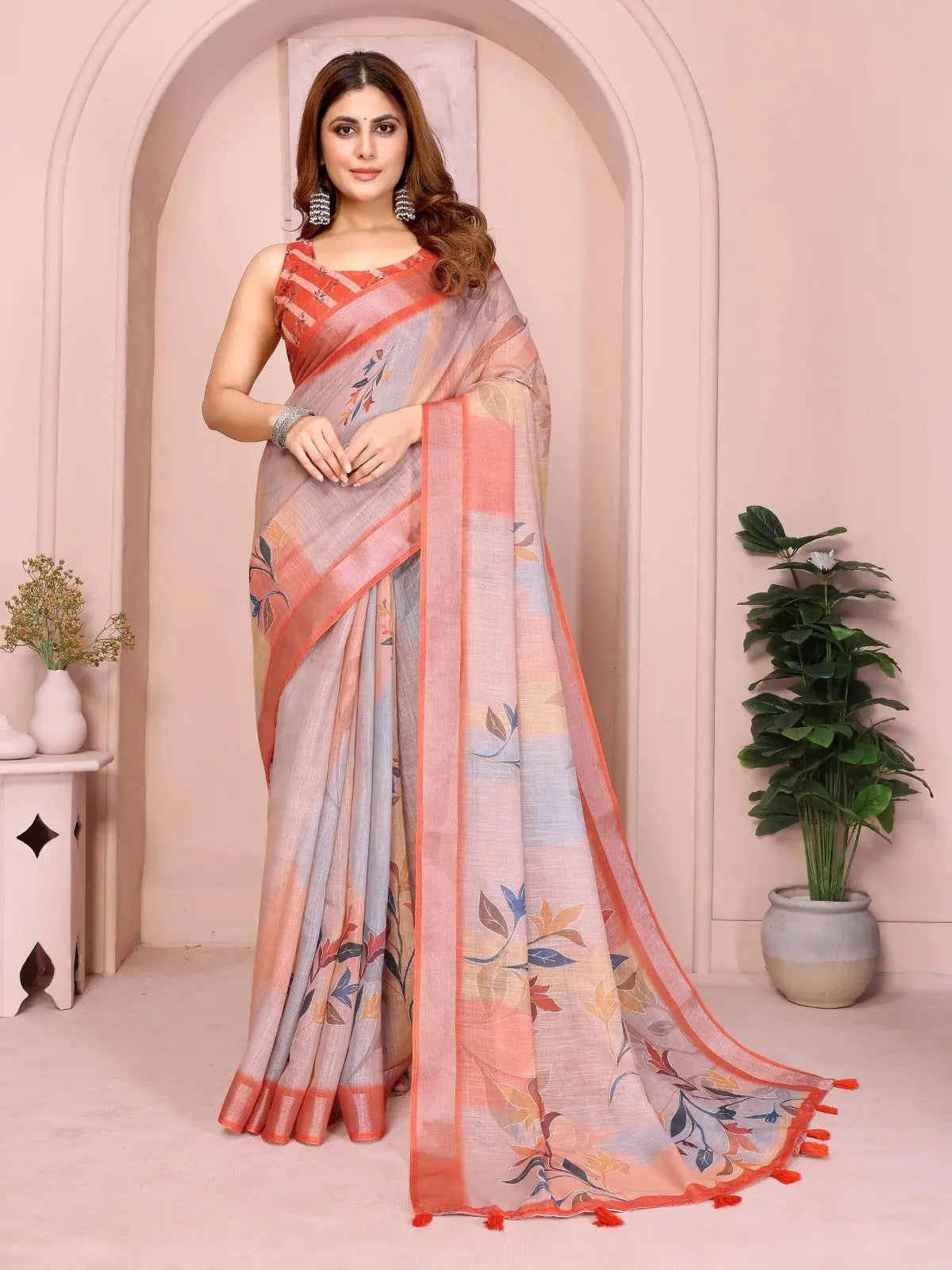 Orange Floral Print Linen Saree – full standing front drape view