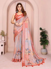 Orange Floral Print Linen Saree – full standing front drape view