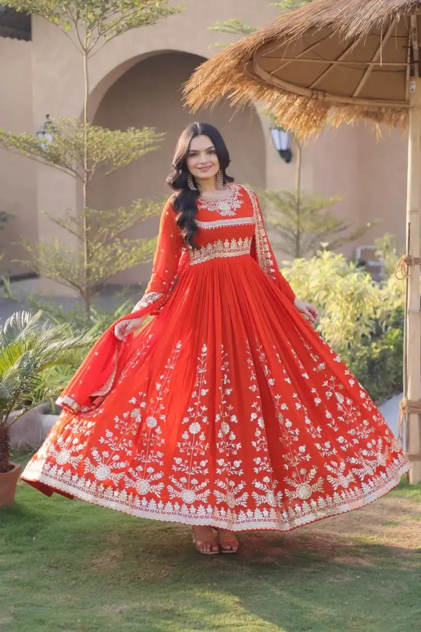 Orange Sequins Embroidered Anarkali Suit Showing Full Flare – 56 Inch Floor-Length View