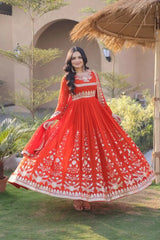 Orange Sequins Embroidered Anarkali Suit Showing Full Flare – 56 Inch Floor-Length View