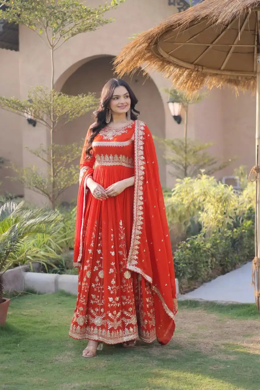Orange Sequins Embroidered Anarkali Suit – Full Front View with Zari Work and Floral Booti Dupatta