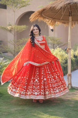 Orange Anarkali Suit Spinning – Embroidered Hem Border with Gold Zari Floral Medallions