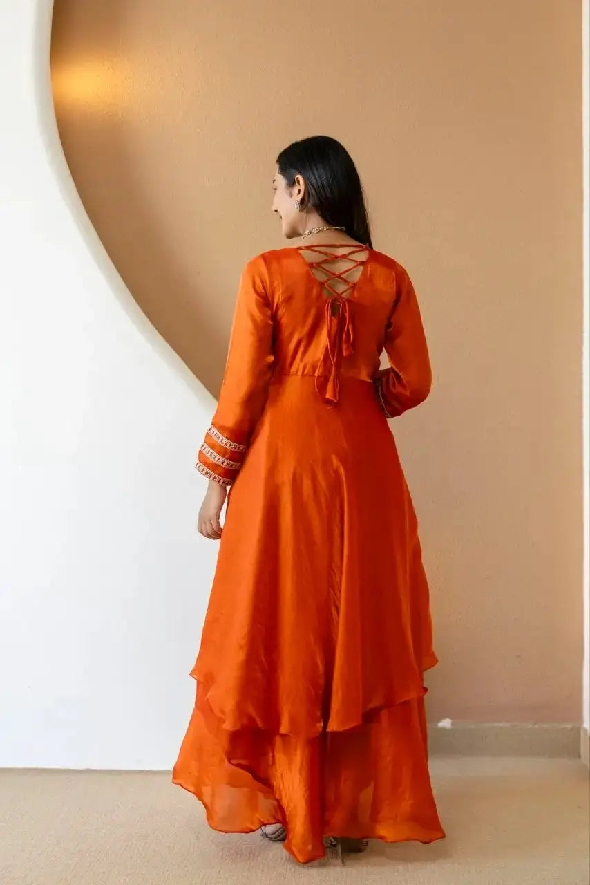 Orange Anarkali Suit Back View – U-Back with Cross-Lace Tie-Up Design