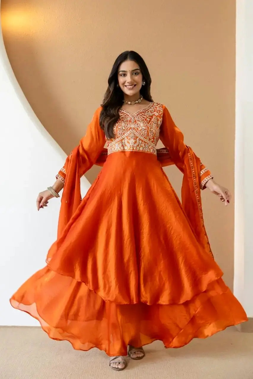 Orange Fendy Silk Blend Anarkali Suit with Floral Booti Dupatta Display