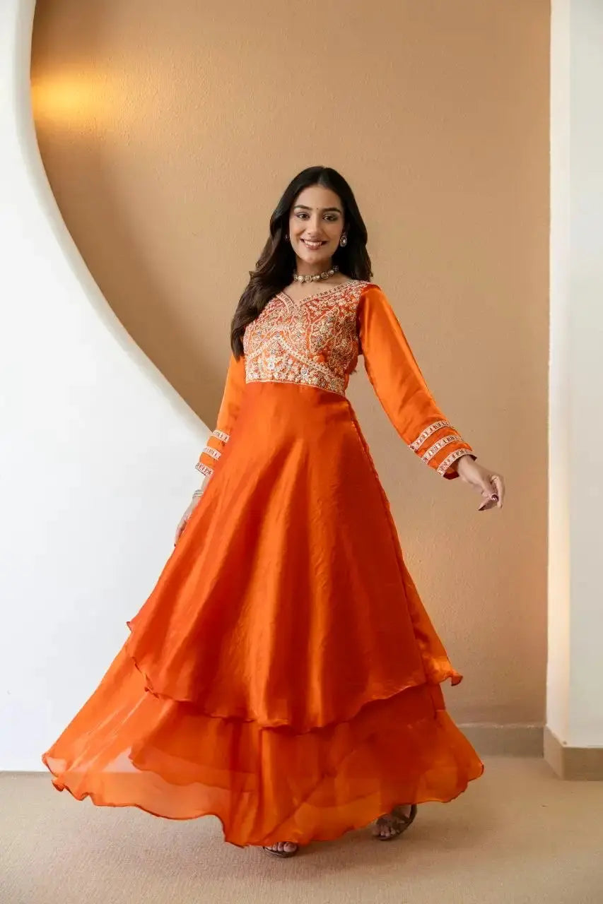 Orange Sequins Embroidered Suit Showing Double-Tier Anarkali Flare in Motion
