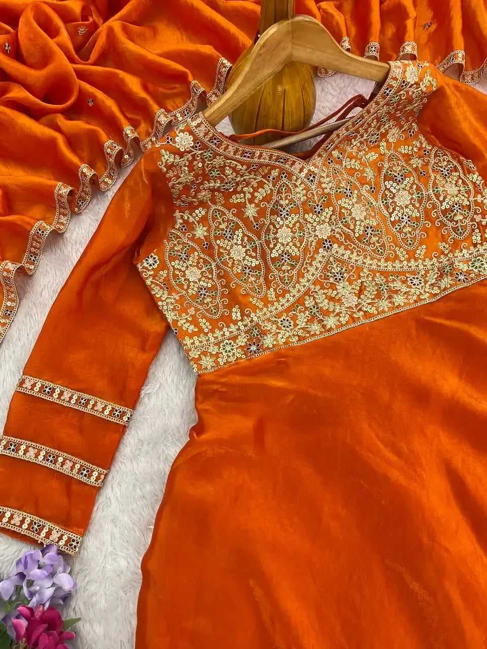 Orange Sequins Embroidered Anarkali Suit Flat Lay – Suit with Dupatta on Hanger