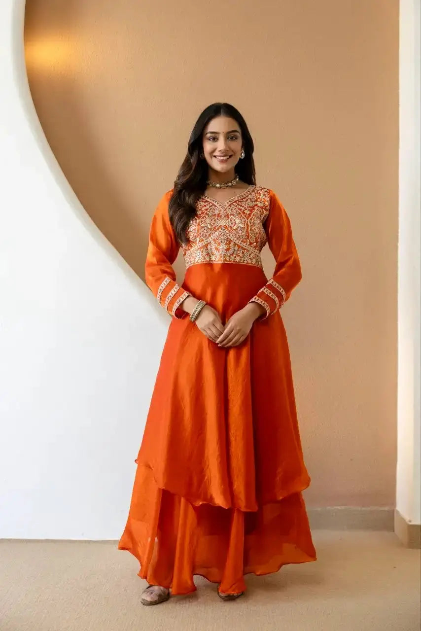 Orange Sequins Embroidered Anarkali Suit – Full Front View with Fendy Silk Blend Fabric
