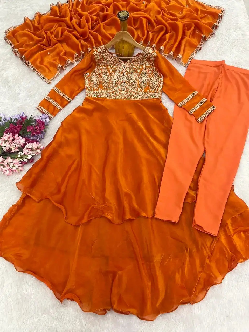 Orange Anarkali Suit Full Set Flat Lay – Suit, Straight Pant and Dupatta KU219