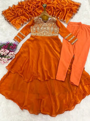 Orange Anarkali Suit Full Set Flat Lay – Suit, Straight Pant and Dupatta KU219
