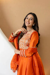 Orange Anarkali Suit Portrait – Close Up of Sequins Embroidered Yoke and V-Neck