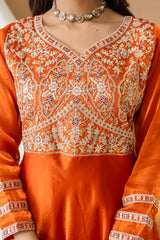 Orange Suit Yoke Detail – V-Neck with Dense Sequins Floral Embroidery in Gold and Cream