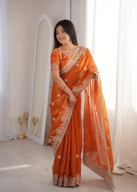 Orange Zari Embroidered Saree – Hotfix Border Work