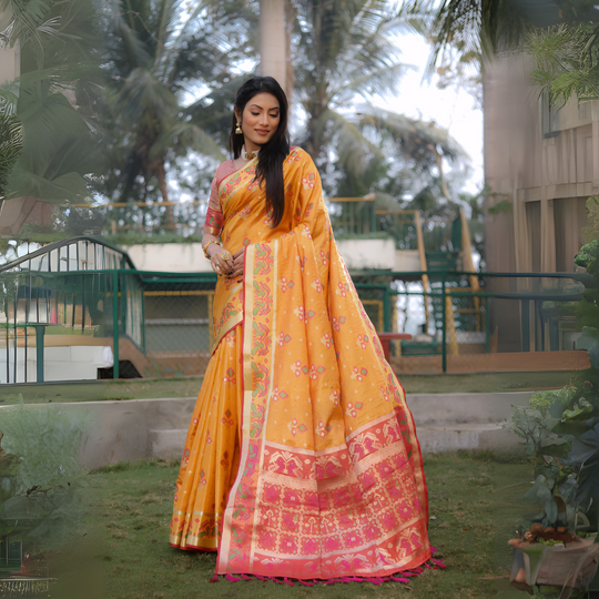 Orange Ikkat Patola Weaving Organza Silk Saree