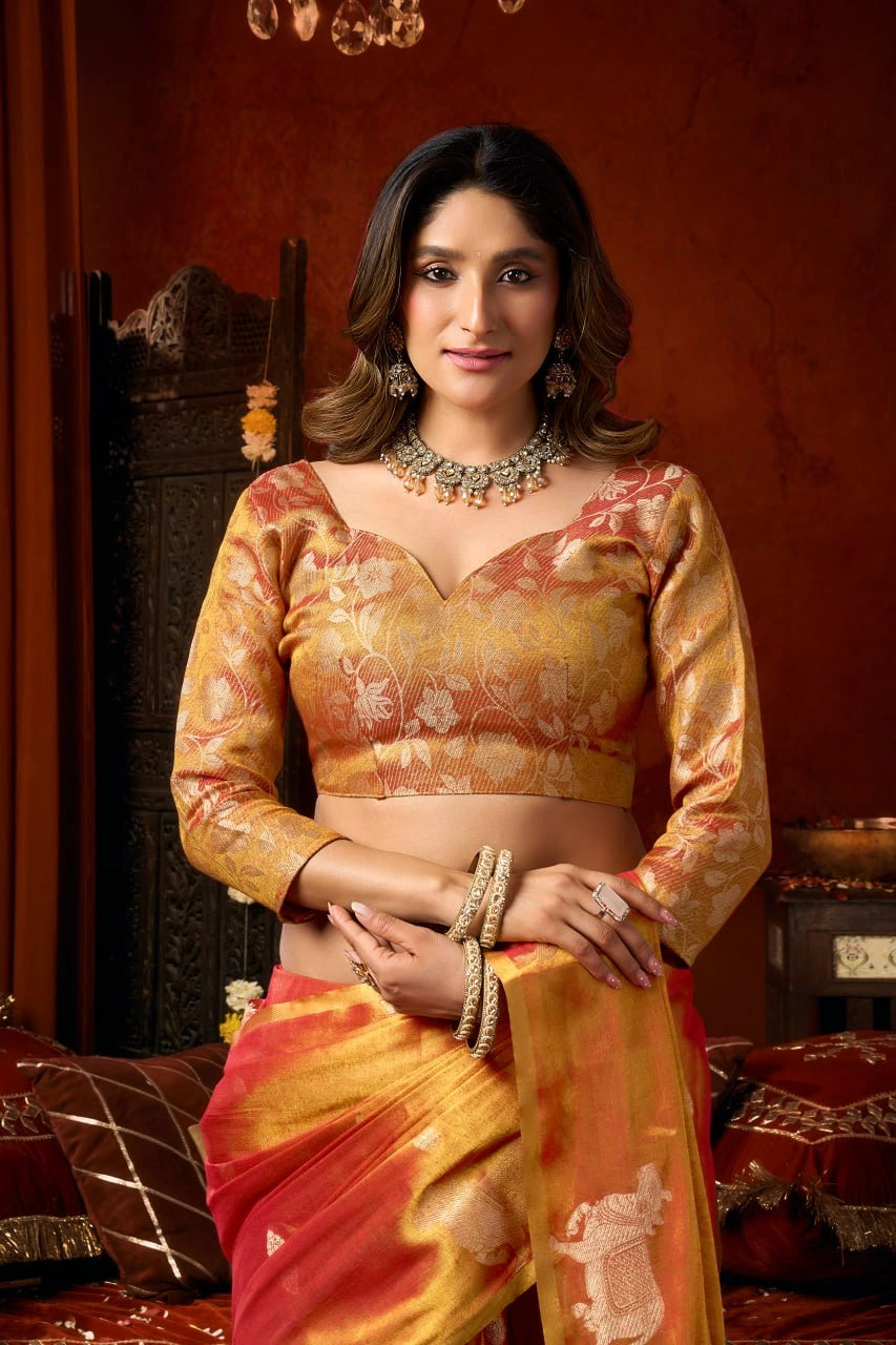 Woman in traditional attire with a richly decorated background