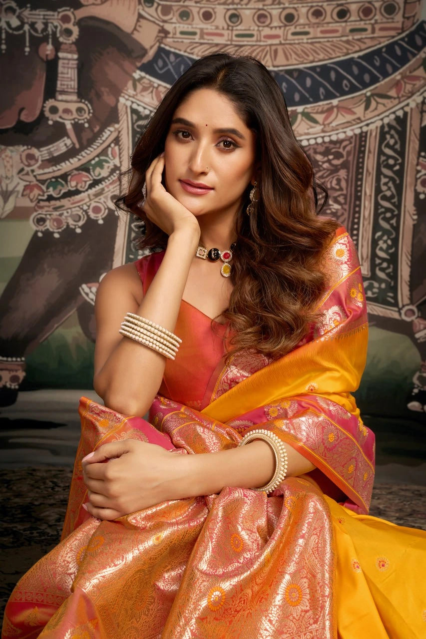 Woman in a traditional saree with a decorative background