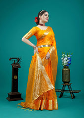 Woman in an orange saree standing against a teal background with decorative elements.