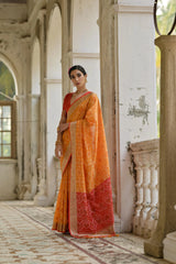 Woman in an orange saree standing in a decorative interior setting