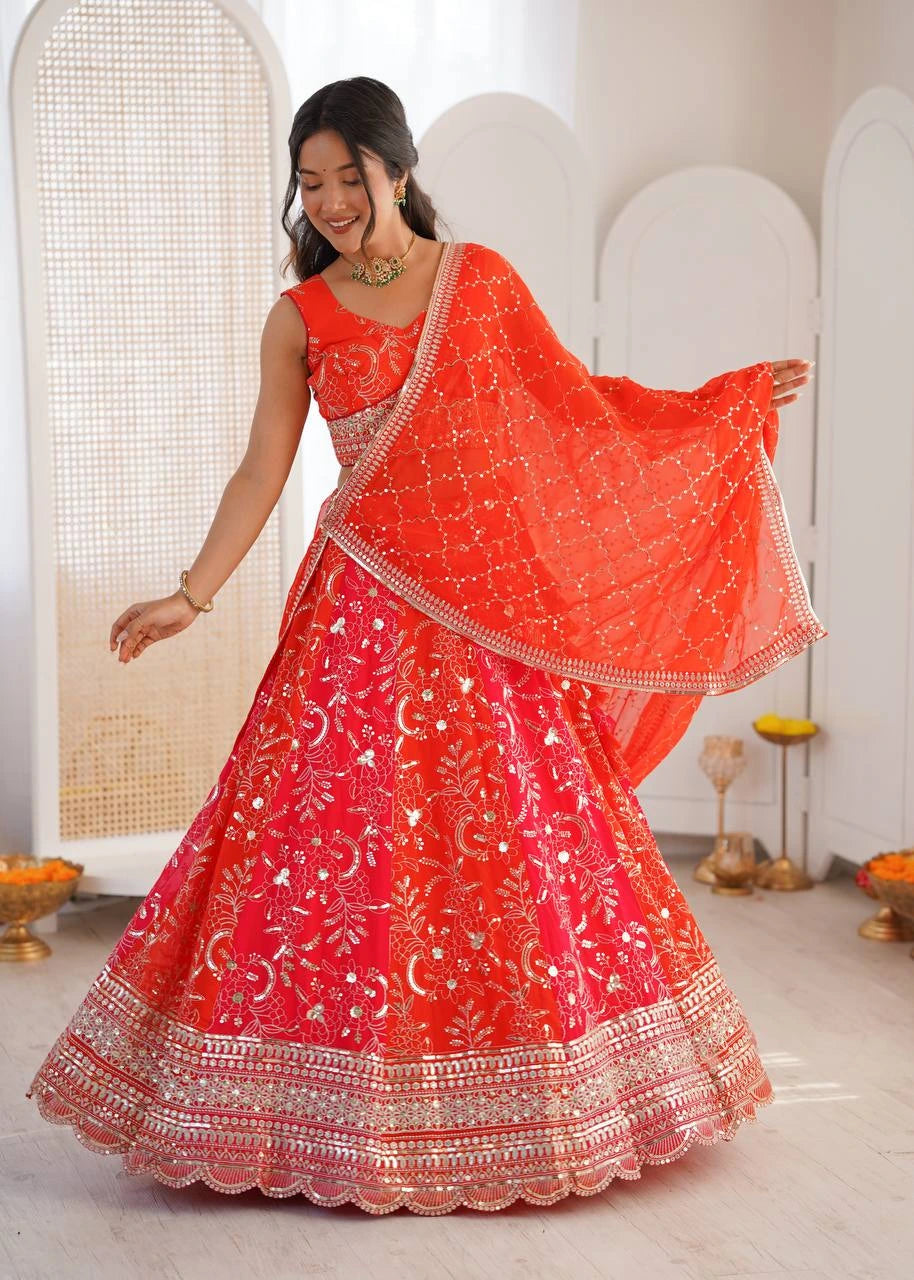 Orange Sequins with Thread Work Faux Georgette Lehenga