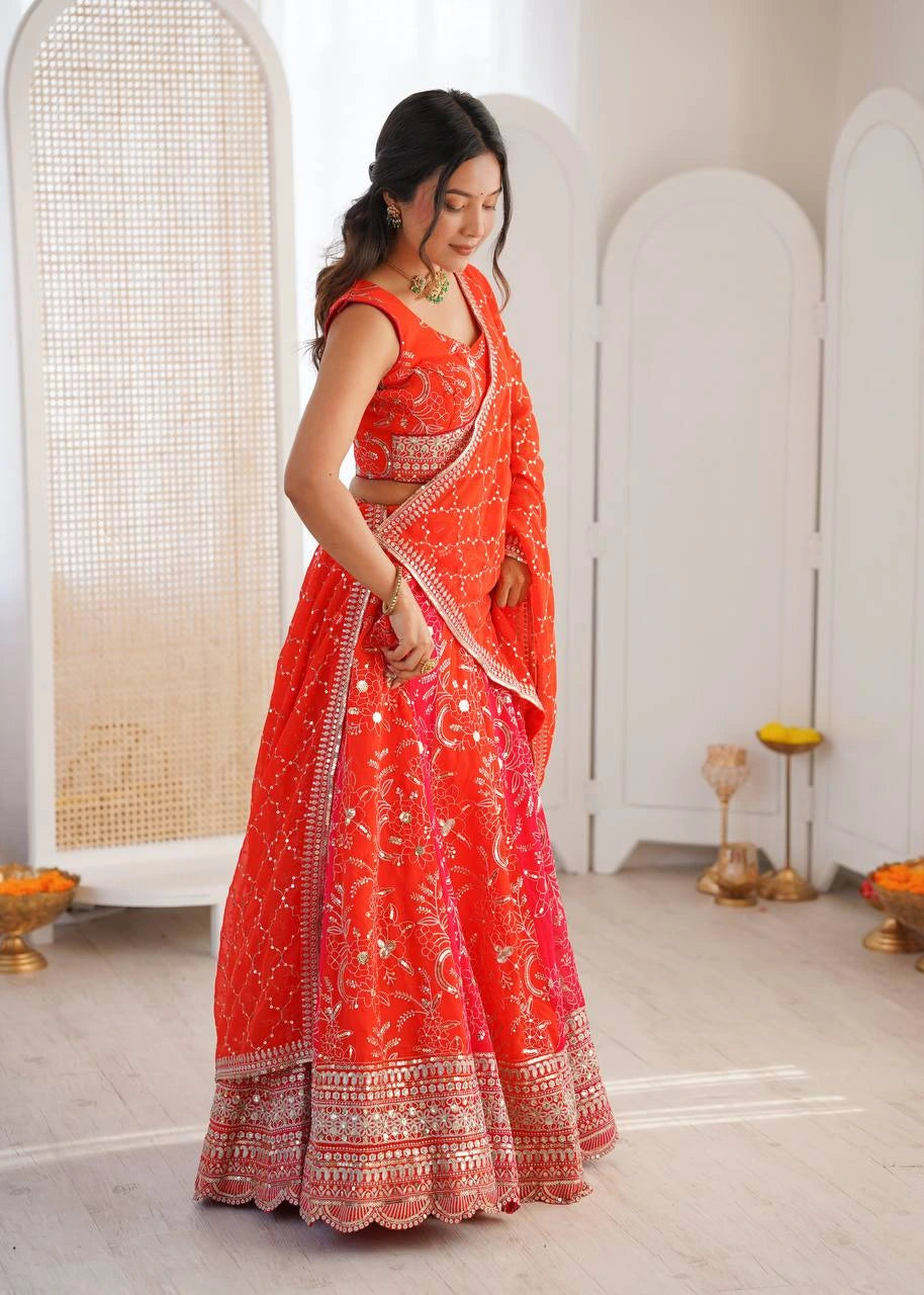 Woman in a red traditional outfit with white patterns in a minimalistic setting
