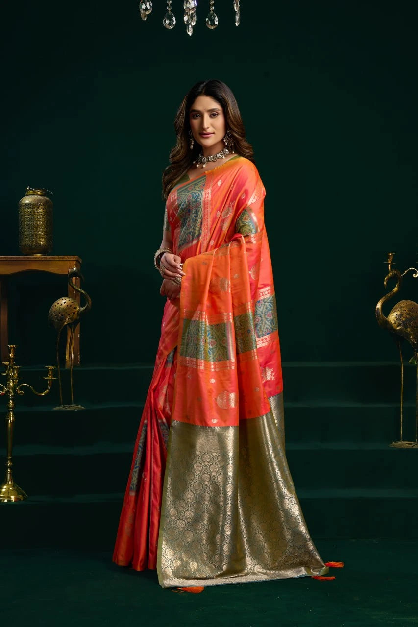Woman wearing a traditional saree with a red and gold pattern against a dark background