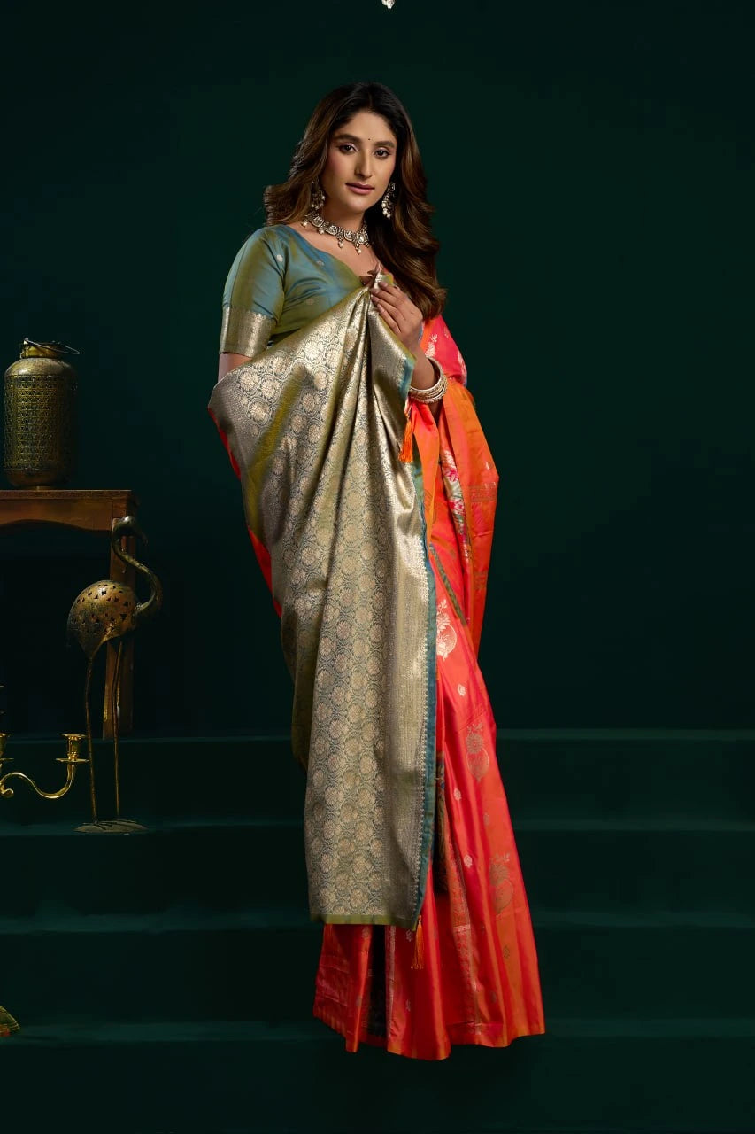Woman wearing a traditional saree with a dark background