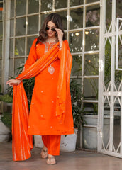Stylish long orange kurti in Chanderi silk with full sleeves, thread embroidery, and zari work.