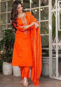 Orange Heavy Chanderi Silk Kurti
