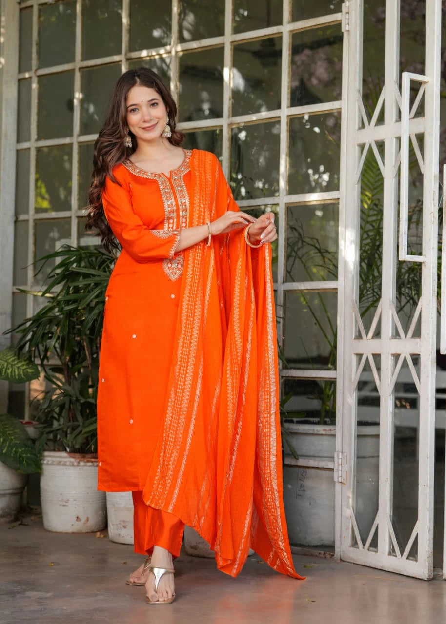 Traditional orange embroidered Chanderi silk kurti with ornate zari detailing for festive wear.