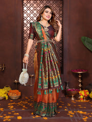 Elegant orange Banarasi tissue silk saree with intricate weaving displayed on product page.