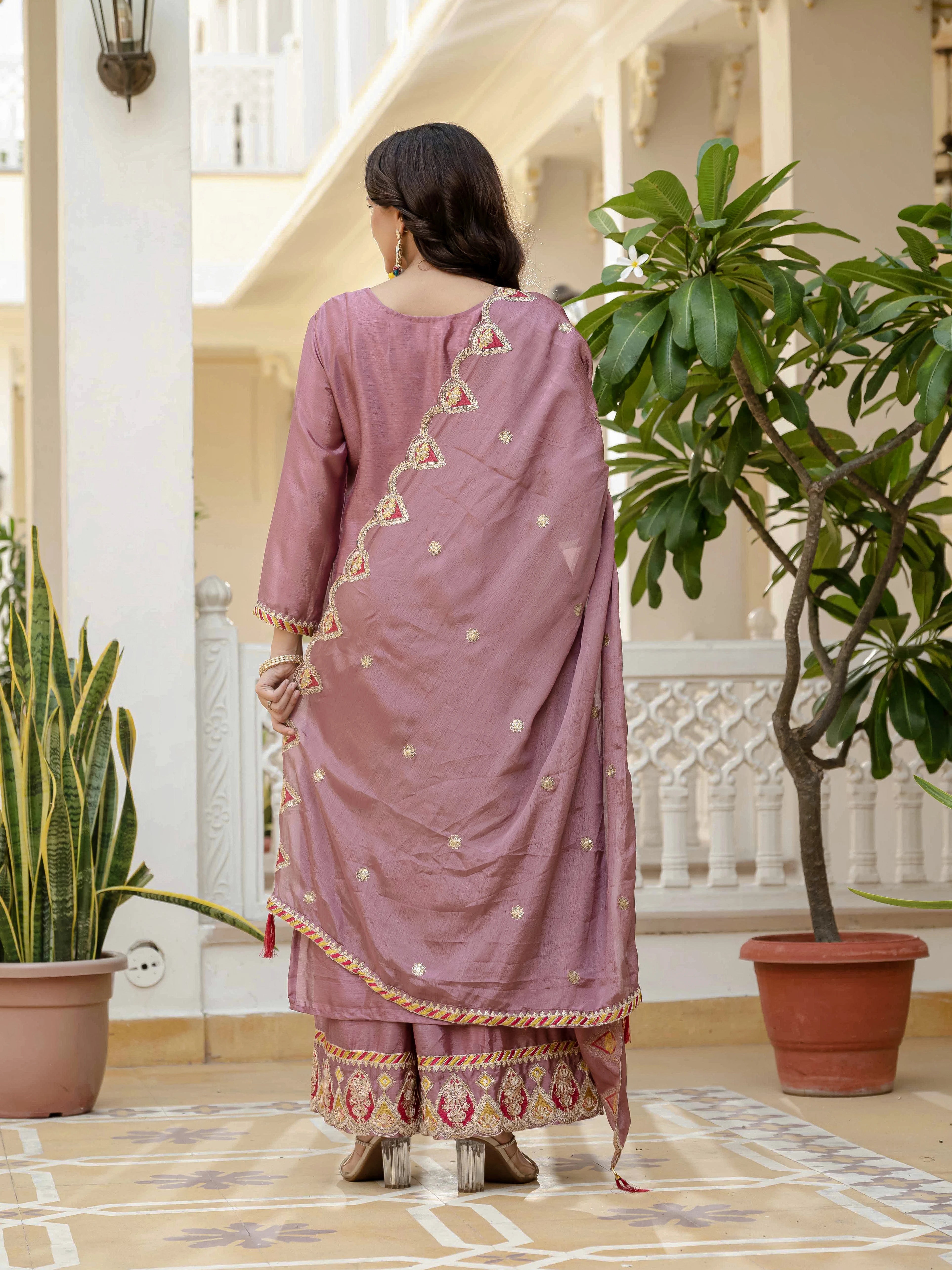 Pink Embroidery Sequin Work Chinon Silk Suit