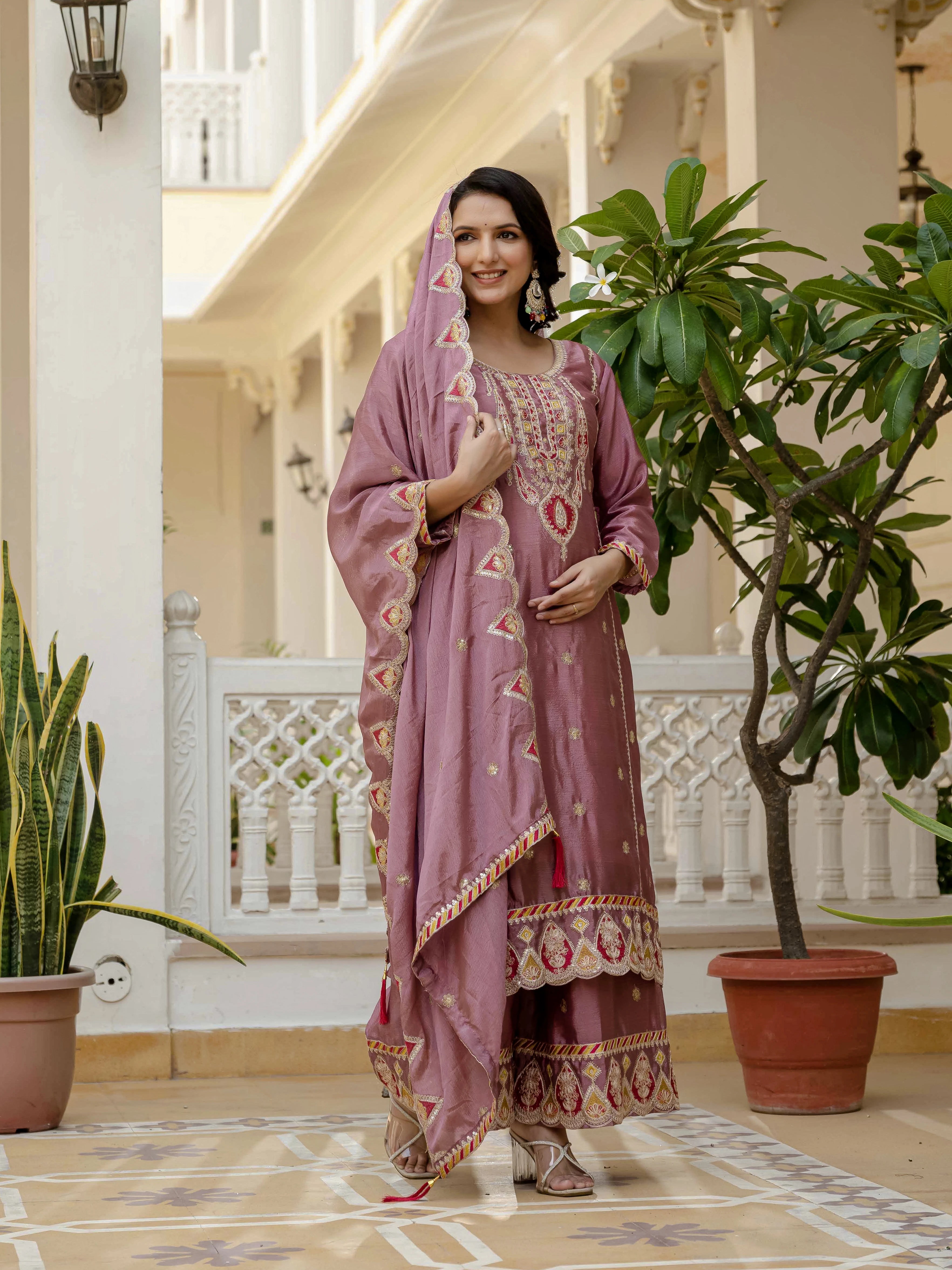 Pink Embroidery Sequin Work Chinon Silk Suit