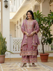 Pink Embroidery Sequin Work Chinon Silk Suit