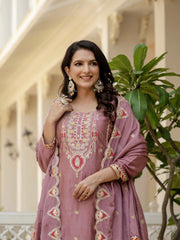 Pink Embroidery Sequin Work Chinon Silk Suit