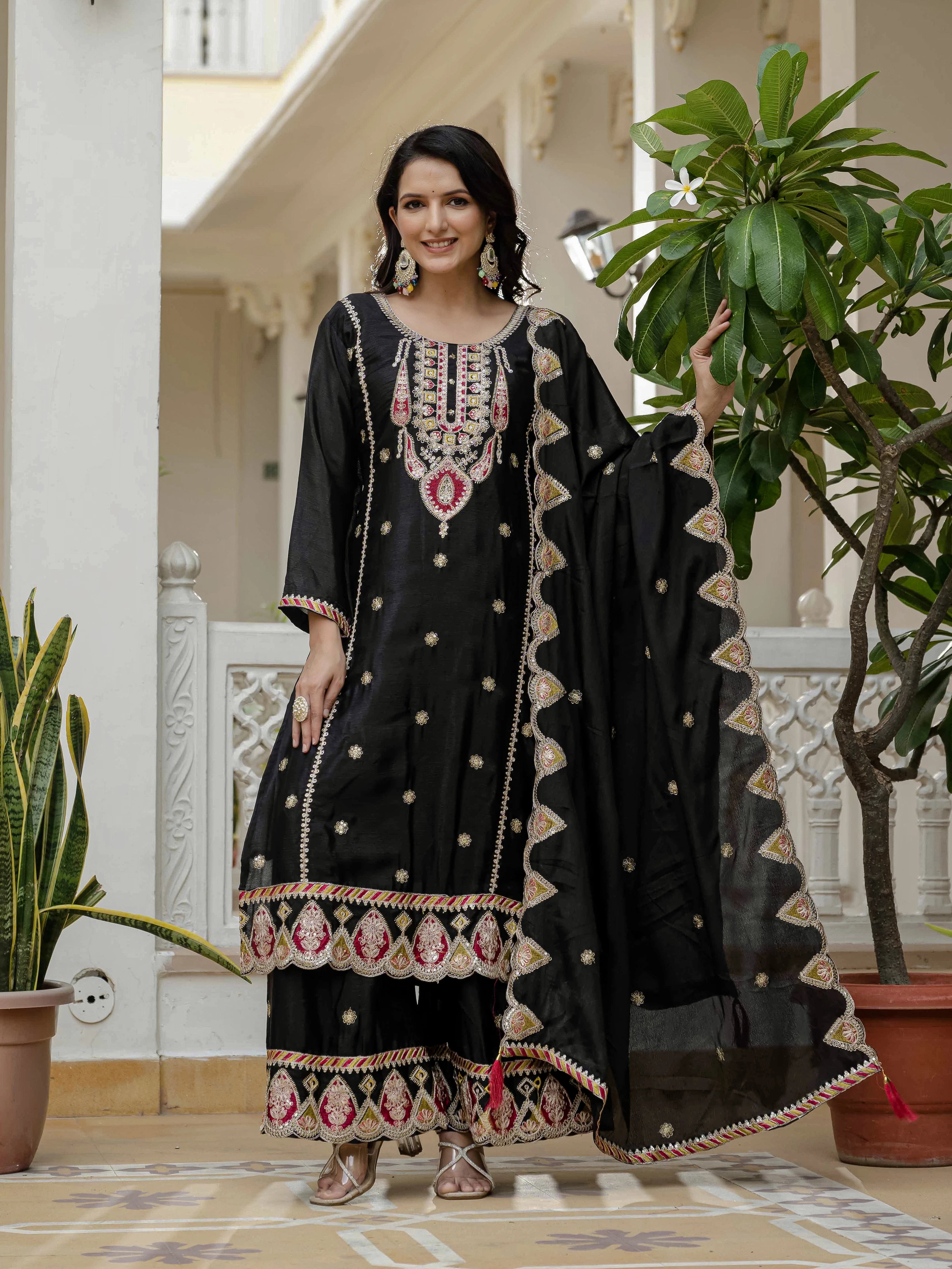 Black Embroidery Sequin Work Chinon Silk Suit