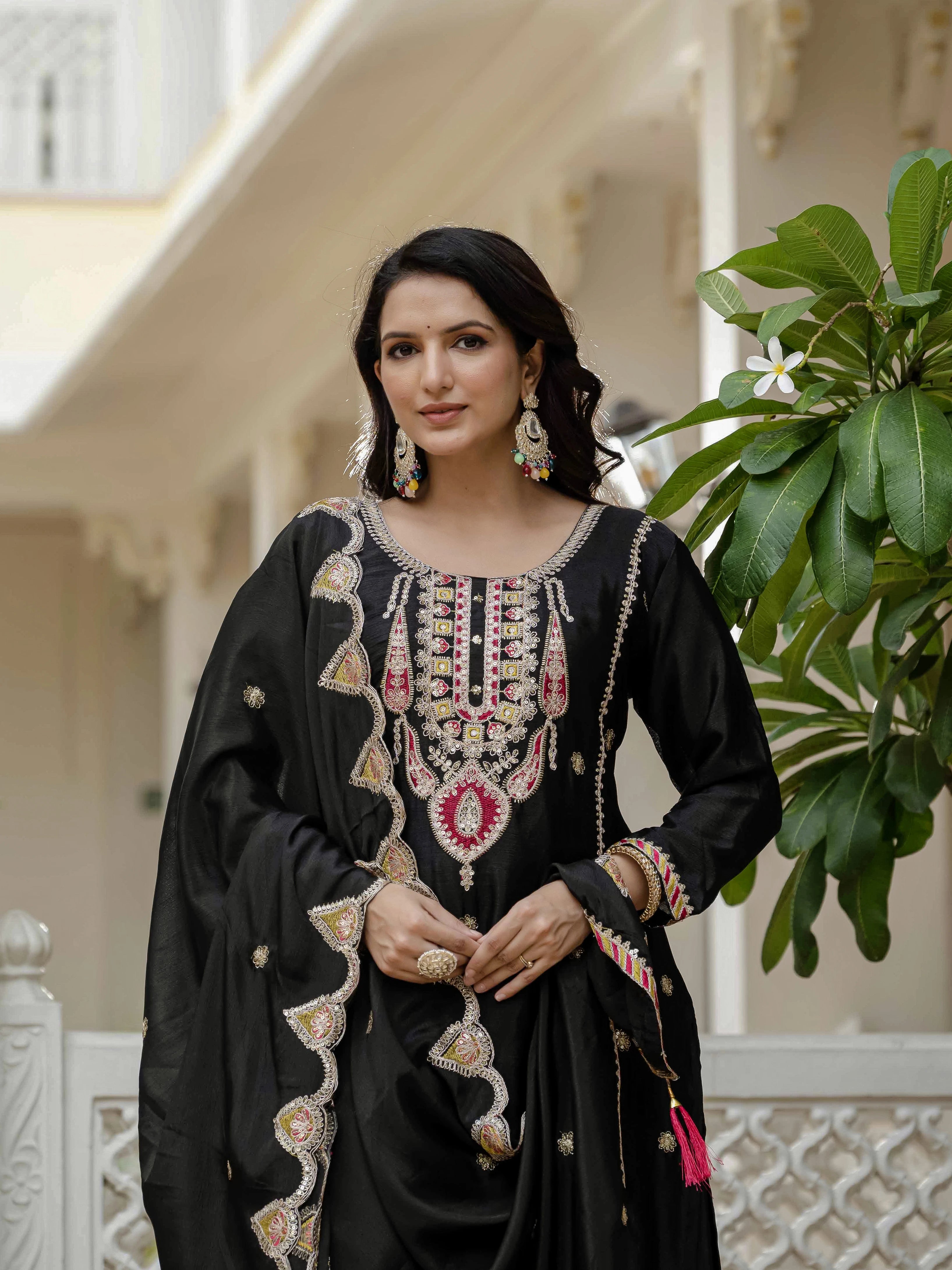Black Embroidery Sequin Work Chinon Silk Suit