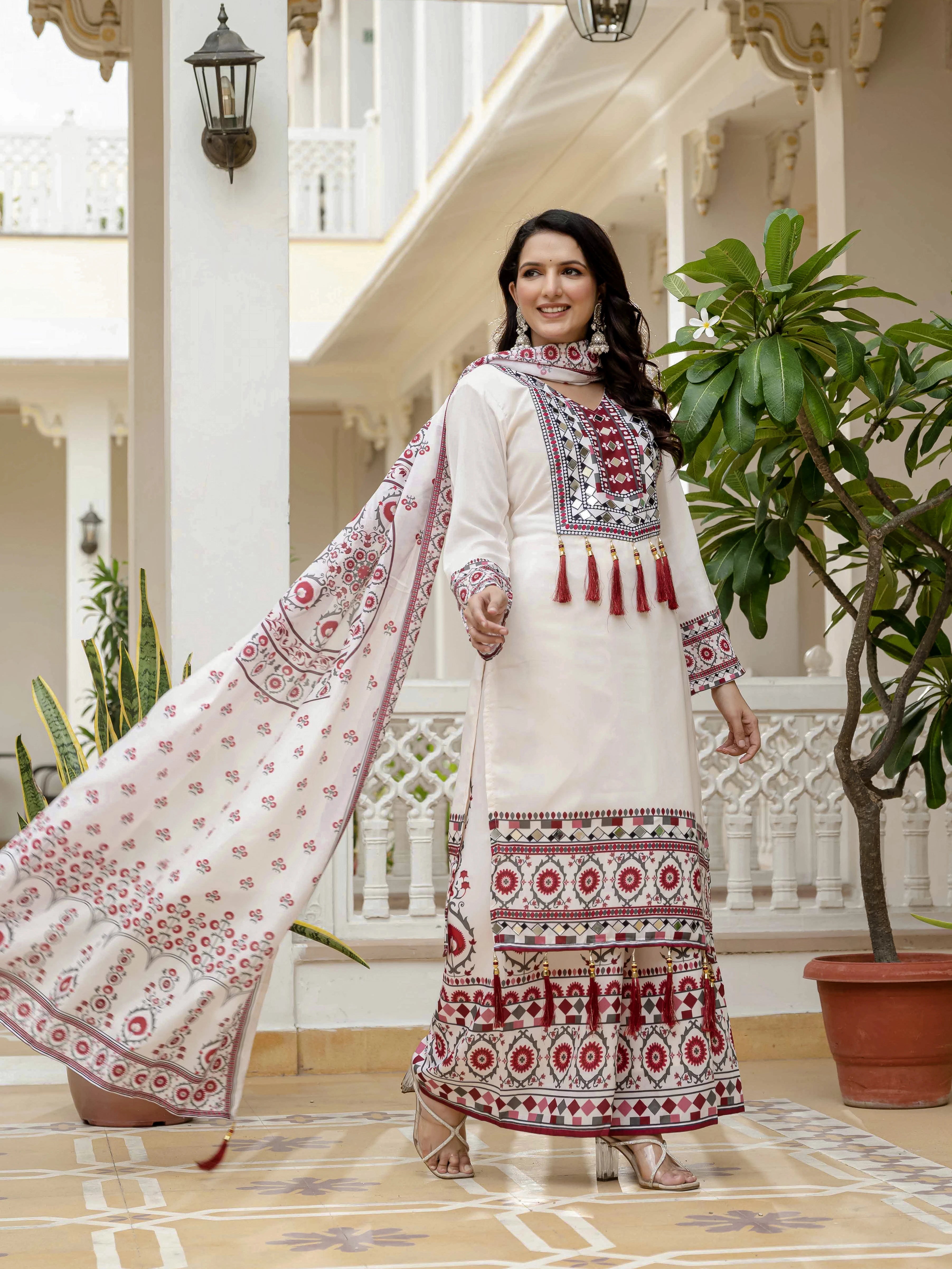 Off White Digital Print Muslin Suit