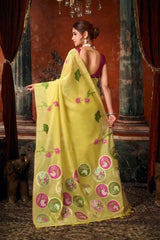 Pale Yellow Jacquard Saree – back view showing full pallu with medallion motifs