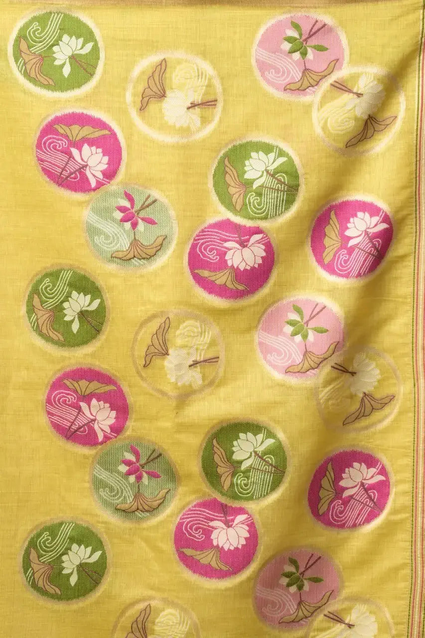 Pale Yellow Jacquard Weaving Saree flat lay showing multicolour lotus medallion motifs