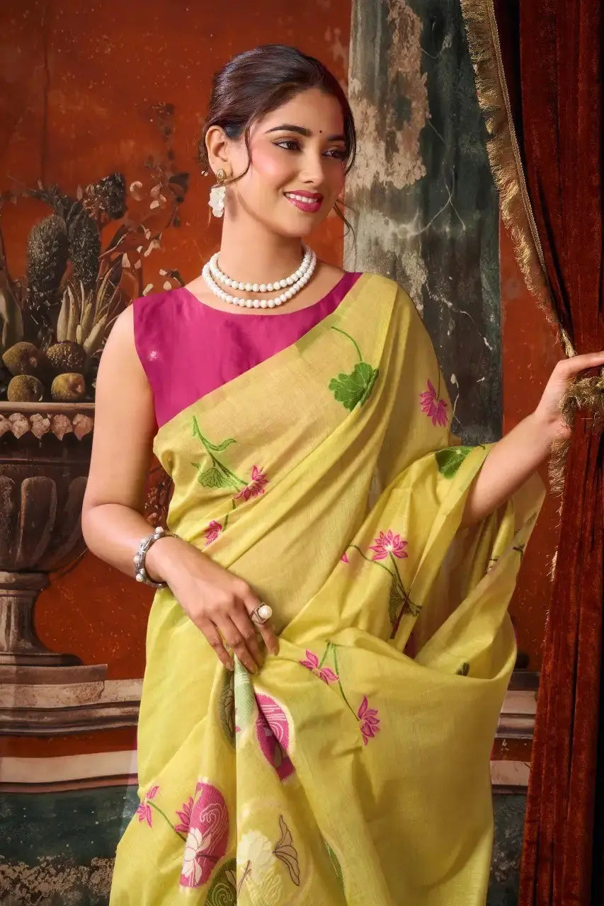 Pale Yellow Jacquard Weaving Saree – elegant front drape with contrast pink blouse