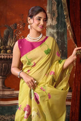 Pale Yellow Jacquard Weaving Saree – elegant front drape with contrast pink blouse