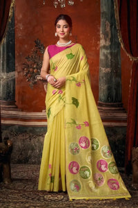 Pale Yellow Jacquard Weaving Saree – Khadi Cotton Festive Wear