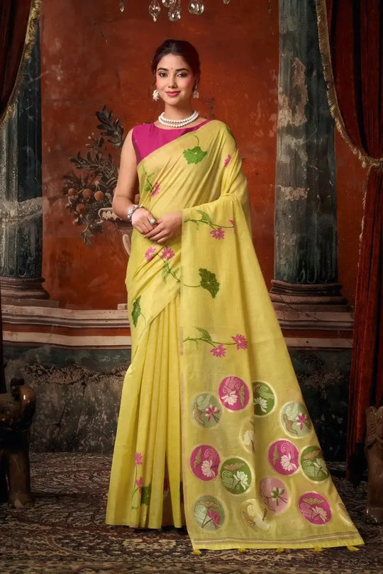 Pale Yellow Jacquard Weaving Saree – front drape view on model
