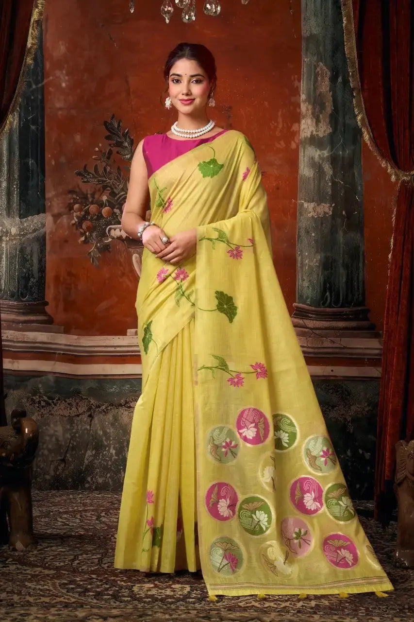 Pale Yellow Jacquard Weaving Saree – front drape view on model
